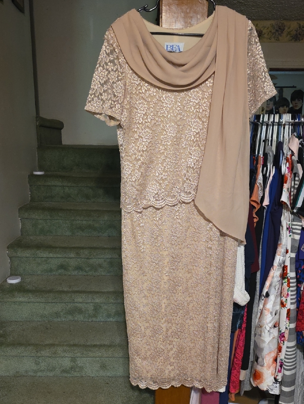 Classic Beige Lace Midi Dress with Draped Scarf